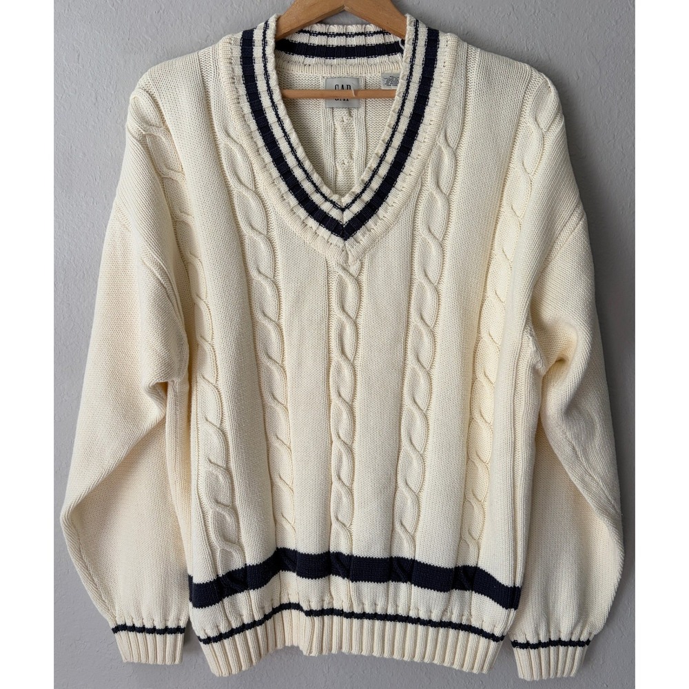 Vintage 90s GAP Cable Knit V-Neck Cricket Sweater XL Y2K Tennis Preppy Old Money